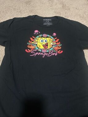 Nickelodeon Black Tee with Yellow SpongeBob and Pink Script women’s size small